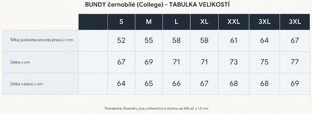 BUNDY černobílé (college)  tabulka velikostí