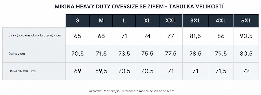 MIKINA HEAVY DUTY OVERSIZE tabulka velikostí