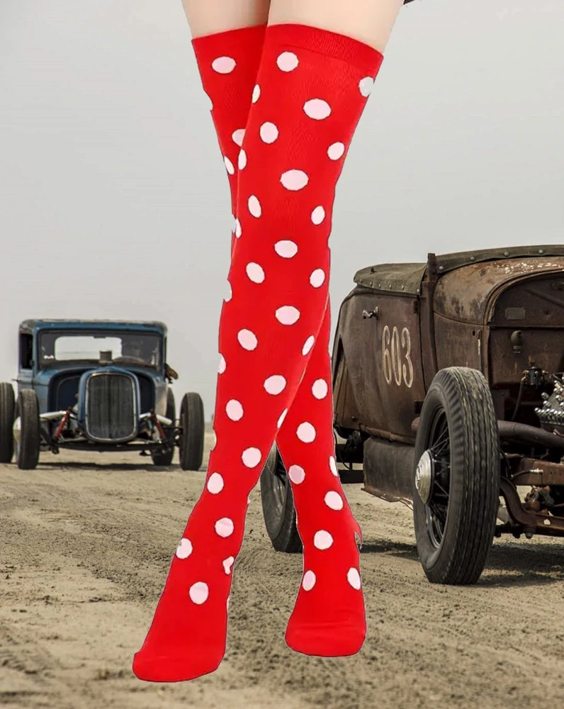 Pin Up Červené punčochy s bílými puntíky